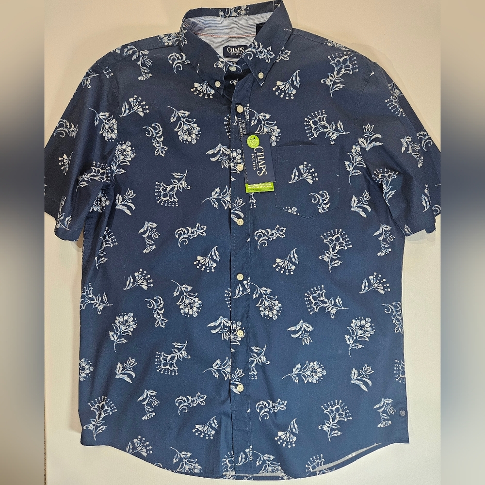 Chaps Button Up Shirt Mens Large Navy Blue Floral‎ Print Stretchy Beachy Coastal